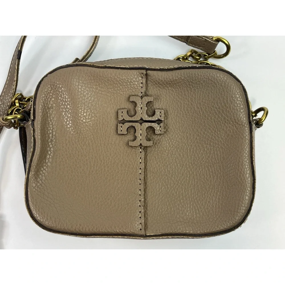 Tory Burch McGraw Camera Crossbody Bag Beige Tan Sand Leather - Strap Damage